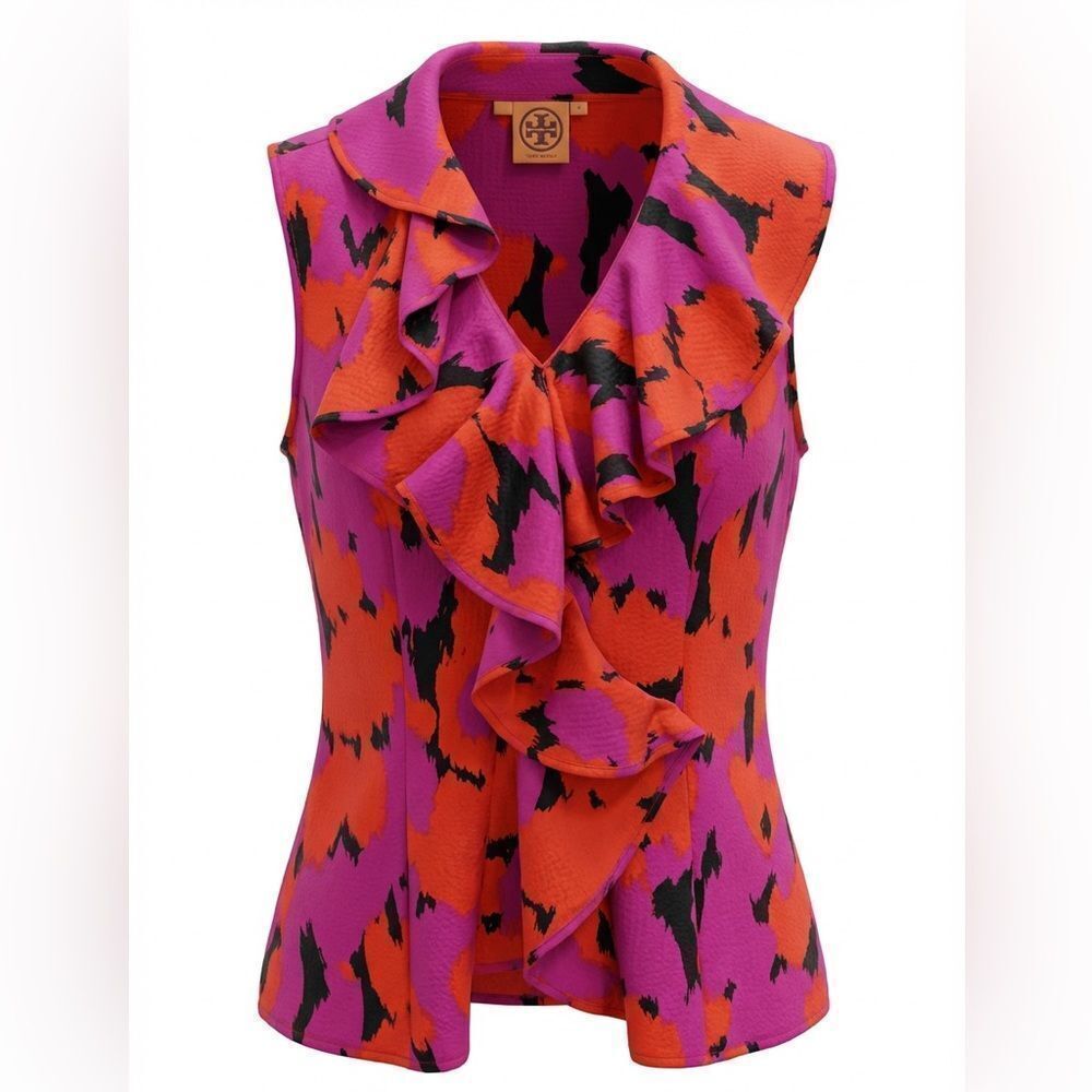 Tory Burch women’s Pink and Red Ruffled Blouse Peter Pan Collar silk size 10